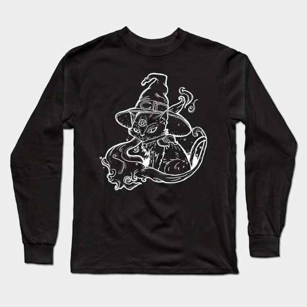 Witch Cat (White) Long Sleeve T-Shirt by Kajillionpress